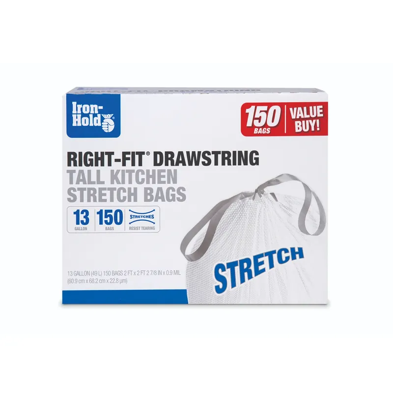 Iron-Hold Right-Fit 13 Gal No Scent Tall Kitchen Bags Drawstring 150 Pk