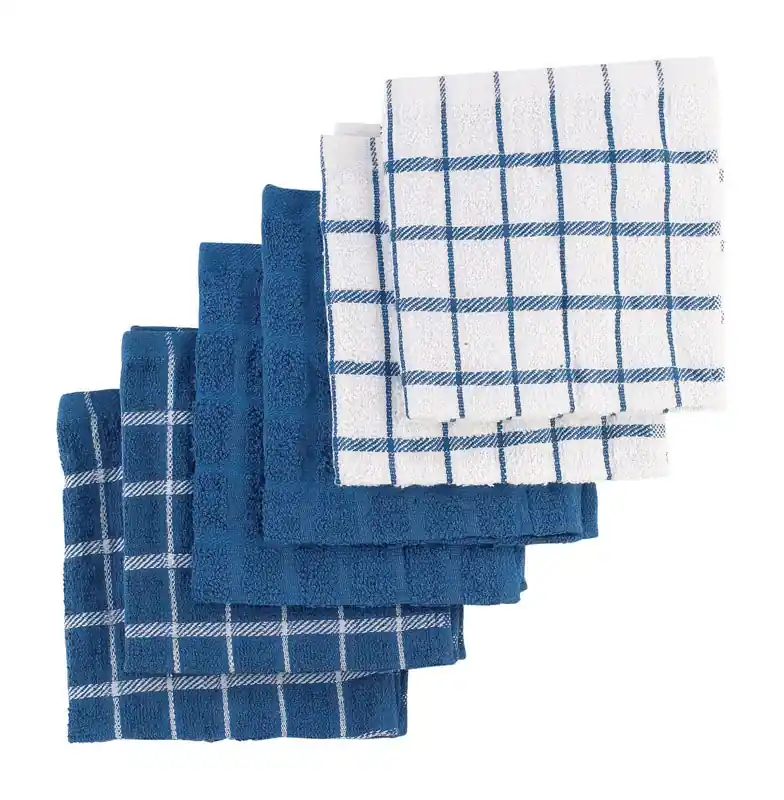 Ritz Federal Blue Cotton Check/Solid Dish Cloth 6 Pk
