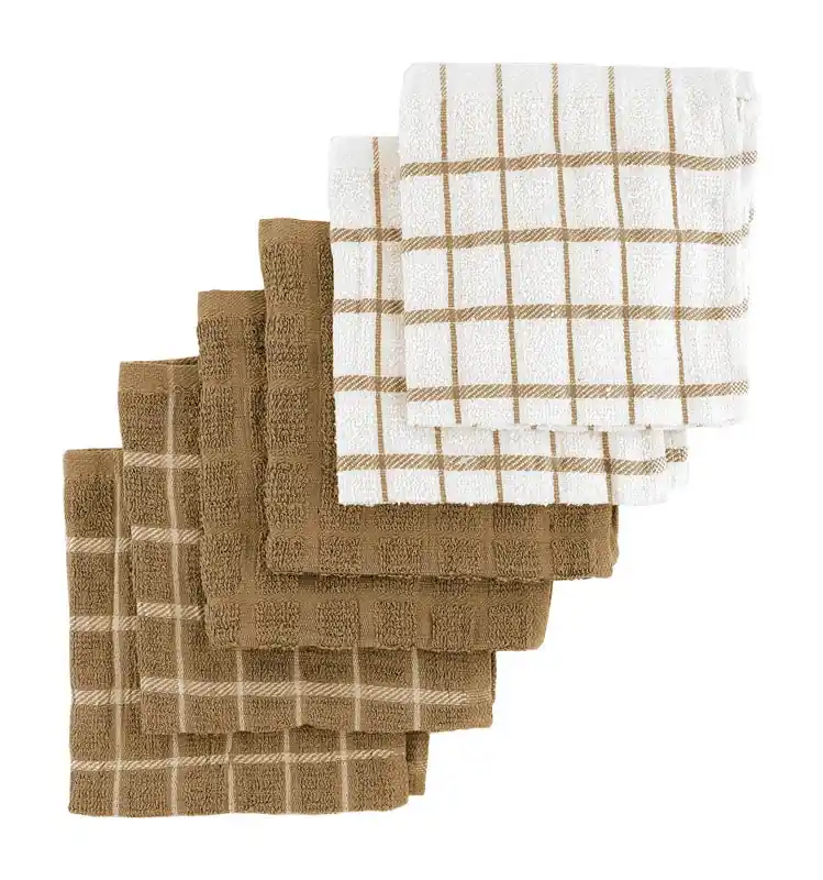 Ritz Mocha Cotton Check/Solid Dish Cloth 6 Pk