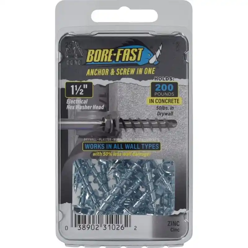 HILLMAN Bore-Fast 1/4 In. D X 1-1/2 In. L Steel Hex Head Screw And Anchor 25 Pk