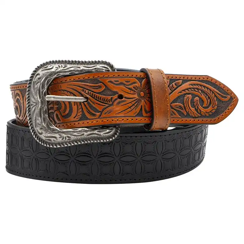 AndWest Men‘s 1-1/2" Bi-colored Tooled with Floral Billets Belt