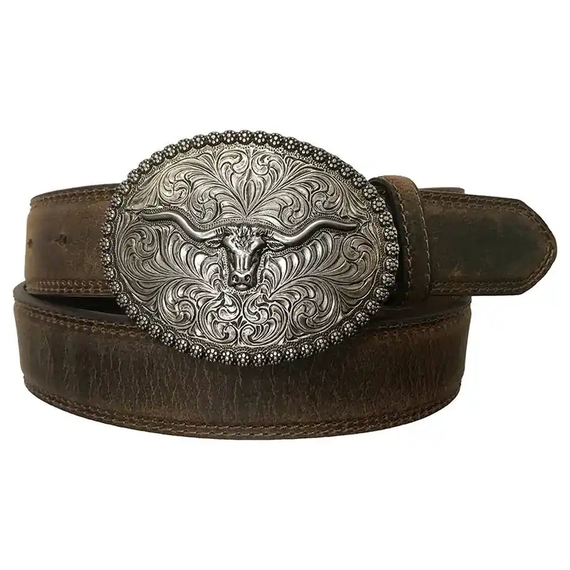 AndWest Men‘s 1-1/12" Longhorn Berry Edge Plaque Buckle Belt