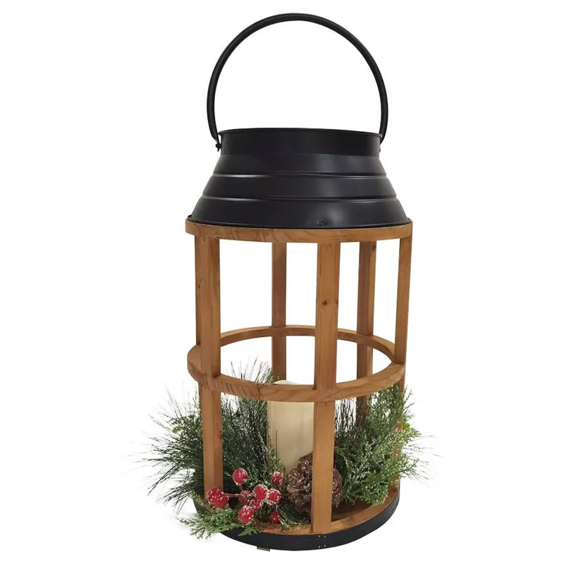 Backyard Expressions Pine Cones/Greenery Wood Lantern