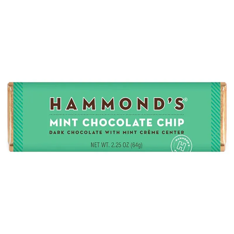 Hammond‘s Candies Dark Chocolate Chips with Mint Crème Center Candy Bar