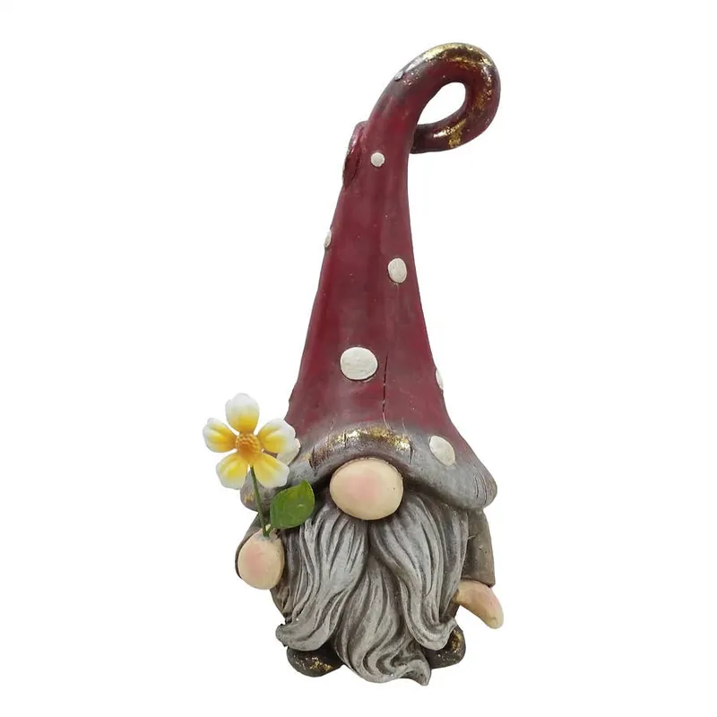Alpine Vintage Gnome Holding Flower w/Red Dotted Hat Decor