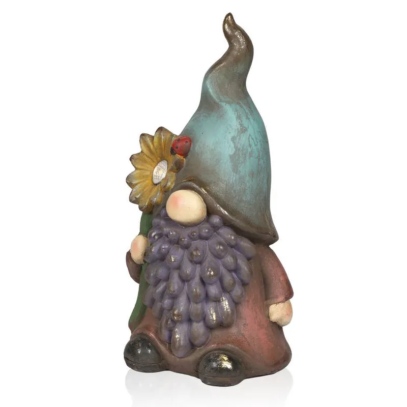 Alpine Solar Gnome Holding Flower Statuary w/Turquoise Hat