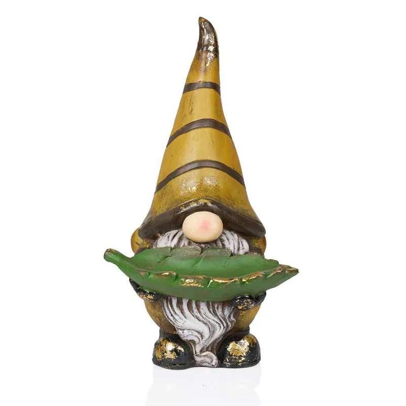 Alpine Vintage Gnome Holding Leaf Statuary w/Striped Yellow Hat