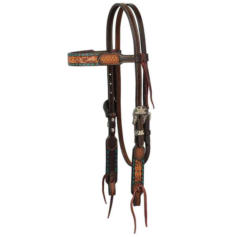 Weaver Leather Browband Turquoise Cross Floral Buckstitch 5/8" Headstall