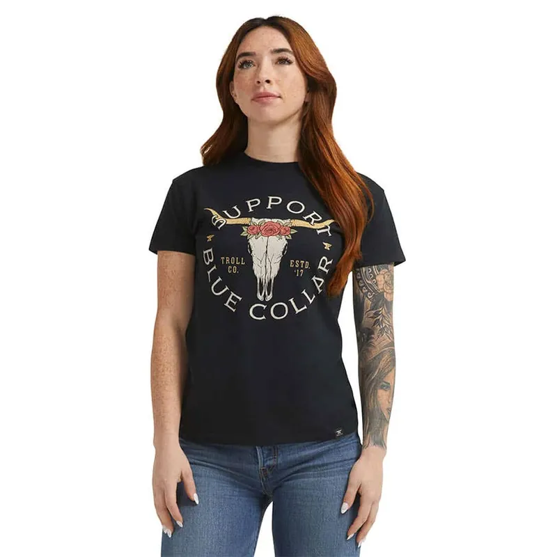 Troll Co. Women‘s Short Sleeve Support Blue Collar Longhorn T-Shirt