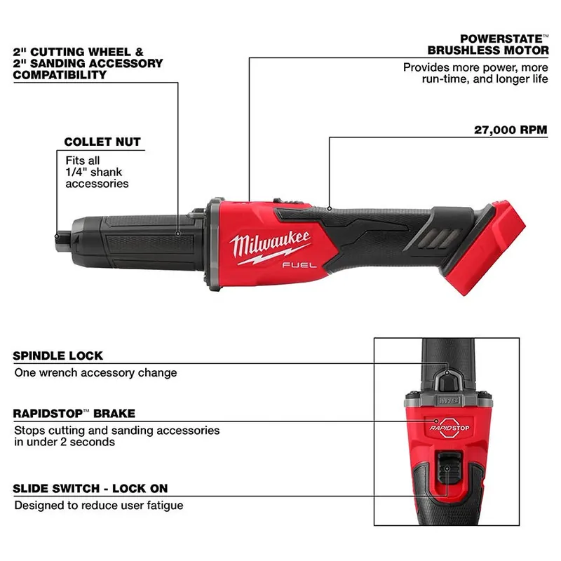 Milwaukee M18 Fuel Braking Die Grinder w/ Slide Switch