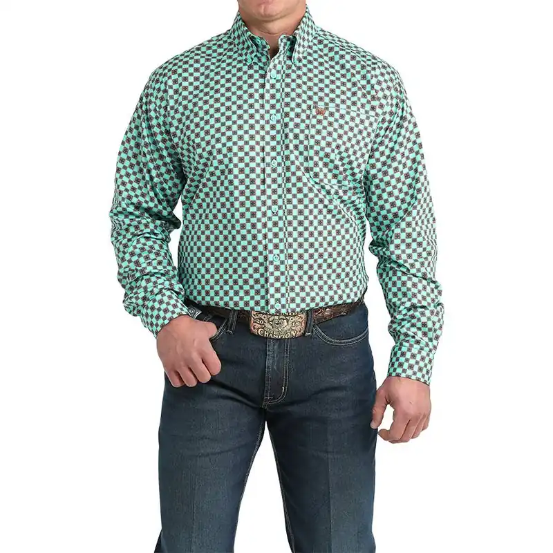 Cinch Men‘s Classic Stretch Button Down Square Geometric Print Long Sleeve Shirt