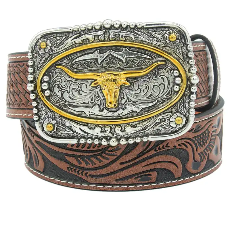 AndWest Boy‘s 1-1/4" Square Longhorn Tooled Buckle Belt