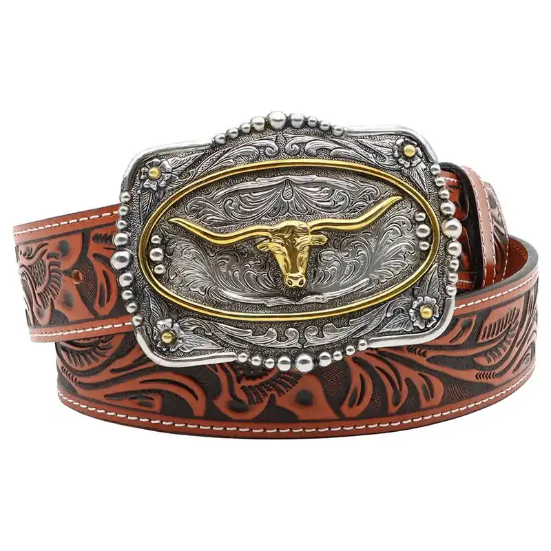 AndWest Men‘s 1-1/2" Veg Tooled with Longhorn Buckle Belt