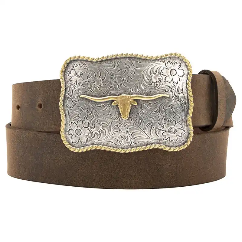 AndWest Men‘s 1-1/2" Scalloped Longhorn Western Buckle Belt
