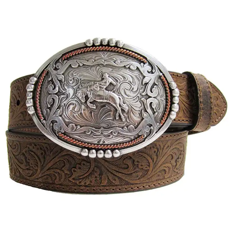 AndWest Men‘s 1-1/2" Tooled Buckin‘ Bronc Rider Buckle Belt