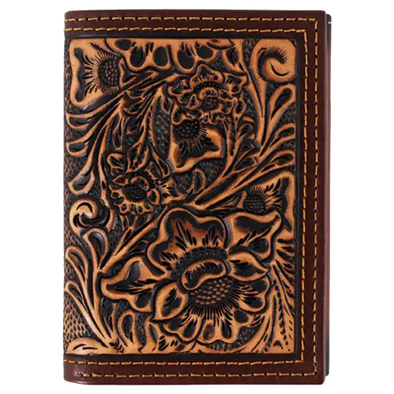 Justin Men‘s Genuine Leather Trifold Wallet with Floral Tooling