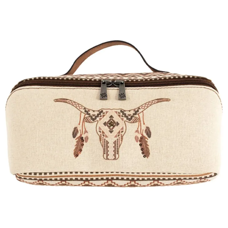 Catchfly Women‘s Steer Skull with Feathers Canvas Cosmetic Case