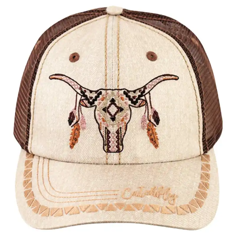 Catchfly Women‘s Steer Skull with Feathers Baseball Cap