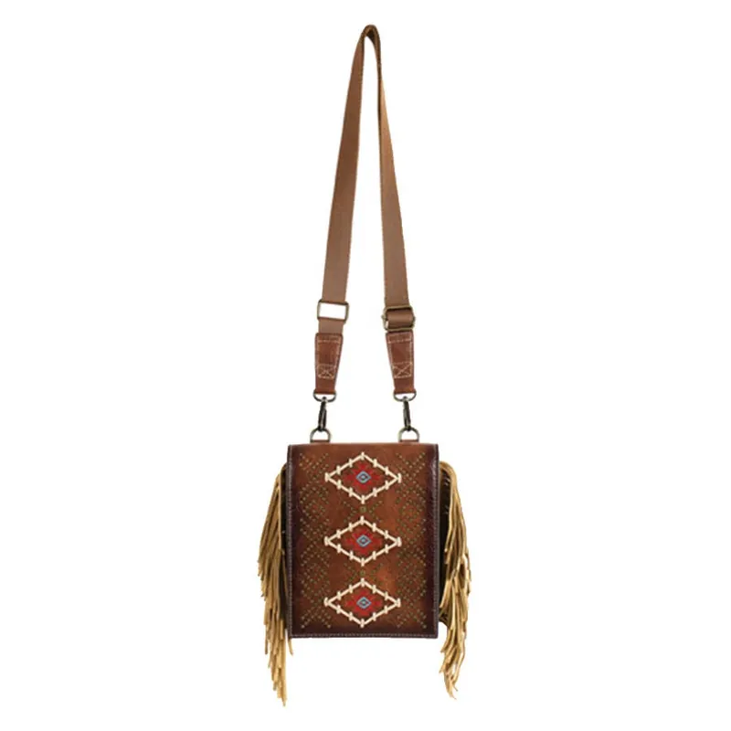 Catchfly Women‘s Embroidered Aztec Design Fringed Saddle Pouch with Studs