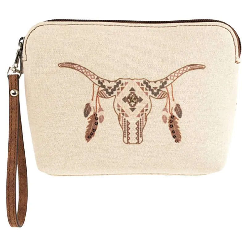 Catchfly Women‘s Steer Skull with Feathers Canvas Cosmetic Pouch