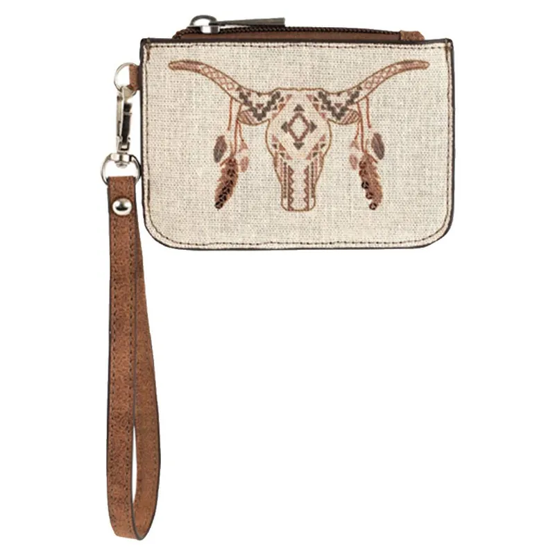 Catchfly Women‘s Steer Skull with Feathers Canvas Mini Card Wallet
