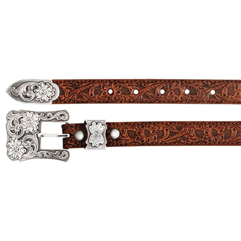 Catchfly Women‘s Floral Embossed Belt with Engraved Buckle
