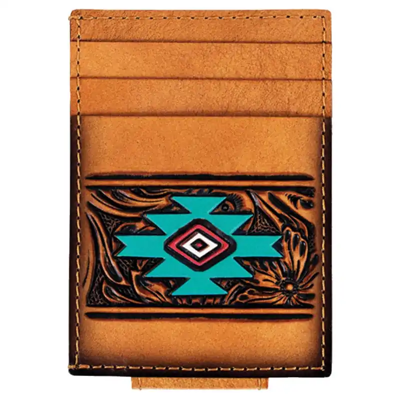 Red Dirt Hat Co. Men‘s Floral Tooling with Aztec Design Card Case with Magnet Clip