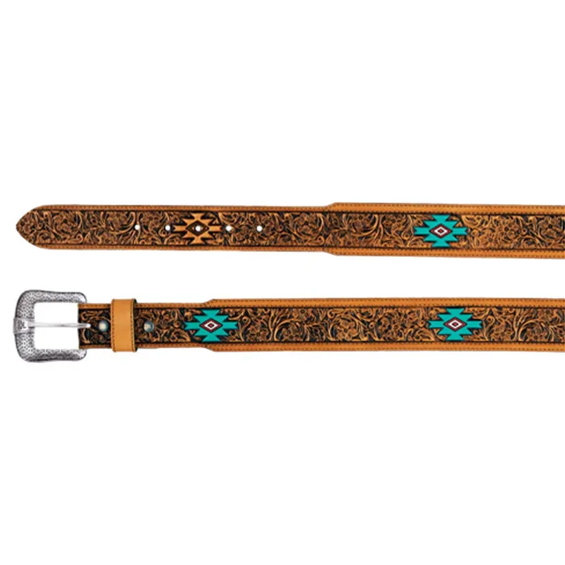 Red Dirt Hat Co. Men‘s Floral Tooled Turquoise Aztec Design Genuine Leather Belt