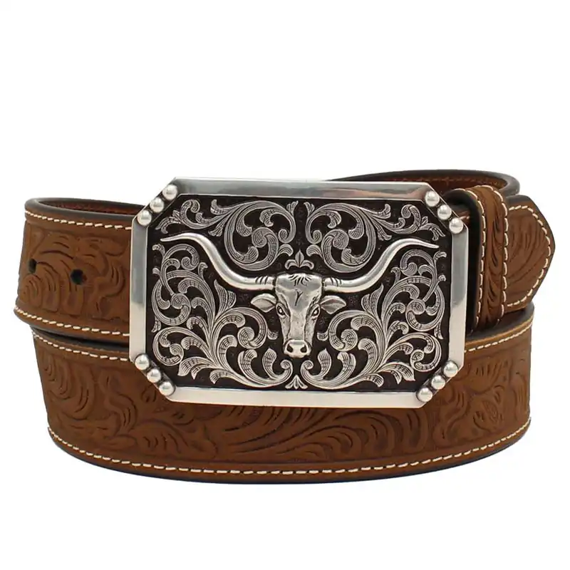 3D Belt Men‘s Floral Embossed Longhorn Buckle Belt