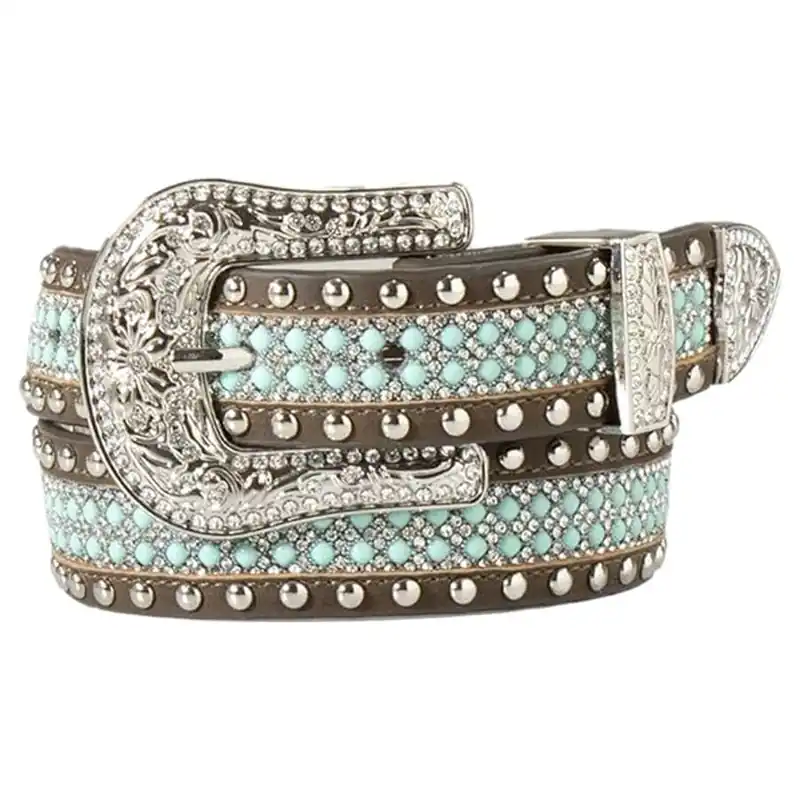 Angel Ranch Girl‘s 1-1/4" Beaded Inlay Stone Trim Turquoise Belt