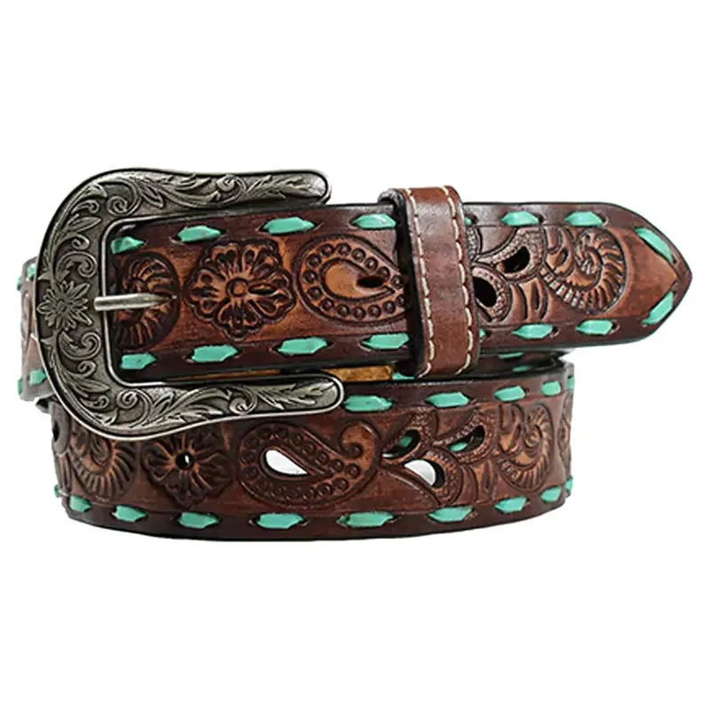 Angel Ranch Women‘s Tooled Turquoise Buck Lace Leather Belt