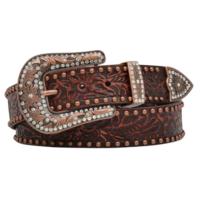 Angel Ranch Women‘s Floral Tooled Bronze Studded Leather Belt