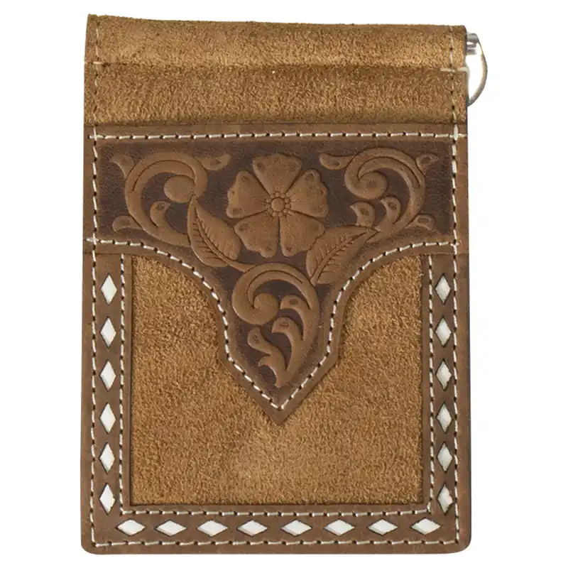 Nocona Men‘s Roughout Floral Embossed Tab Money Clip Wallet