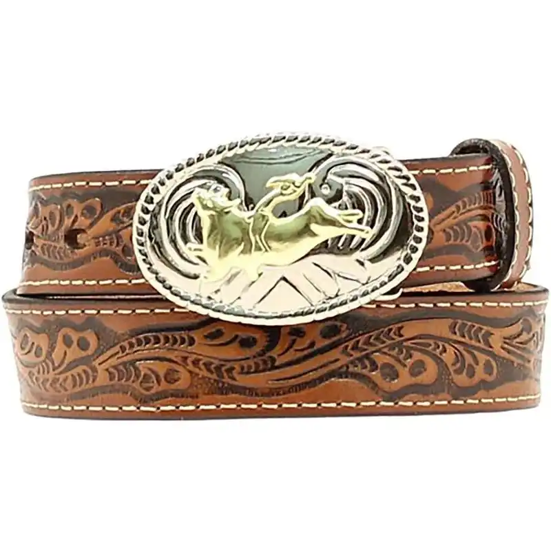 Nocona Boy‘s Tooled Leather Belt With Bullrider Buckle