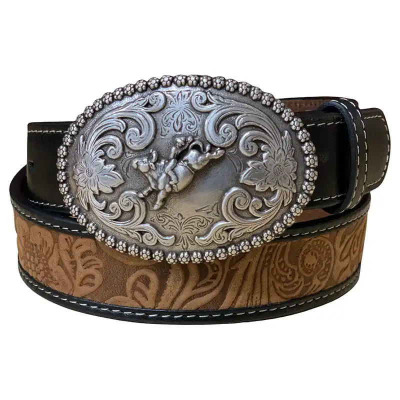 Nocona Boy‘s Floral Tooled Leather Belt with Bucking Bull Buckle