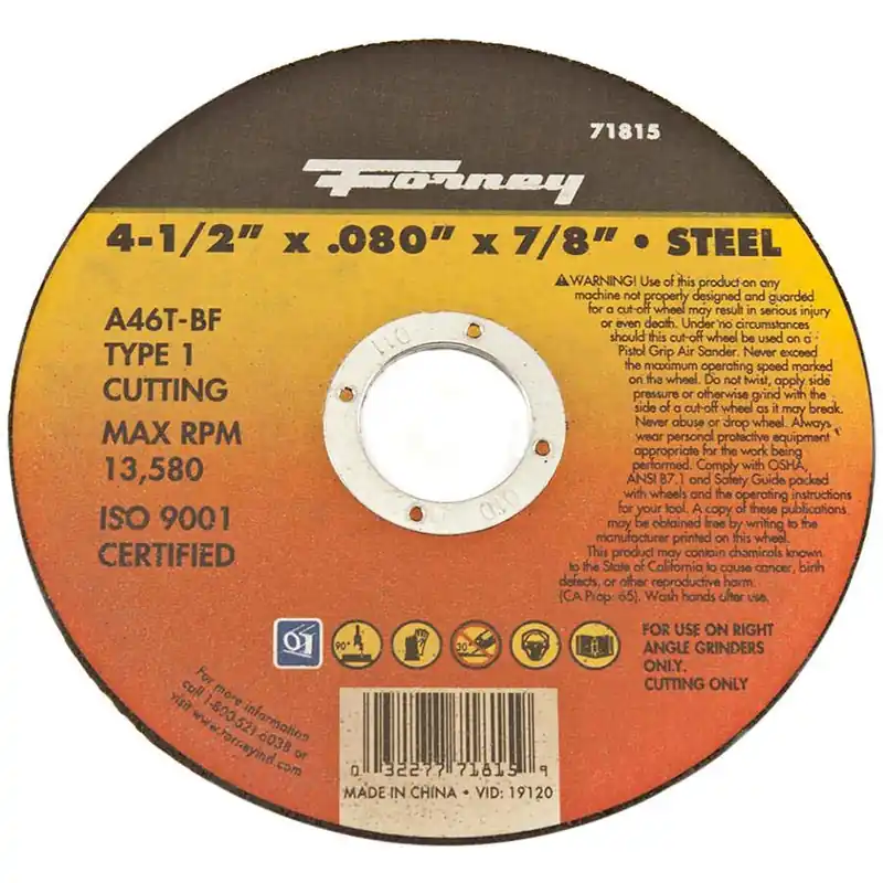 Forney 71815 Metal Type-1 Cut-Off Wheel - 4-1/2"" x .080"" x 7/8""