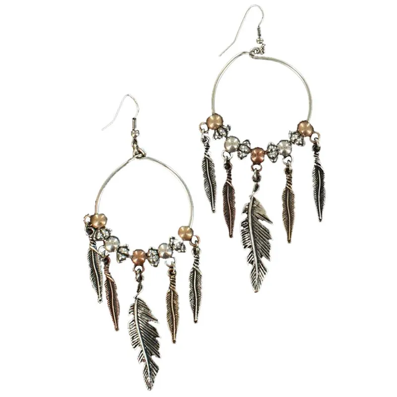 Blazin Roxx Women‘s Multi Tone Feather Drop Hoop Earrings - Silver/Copper/Gold