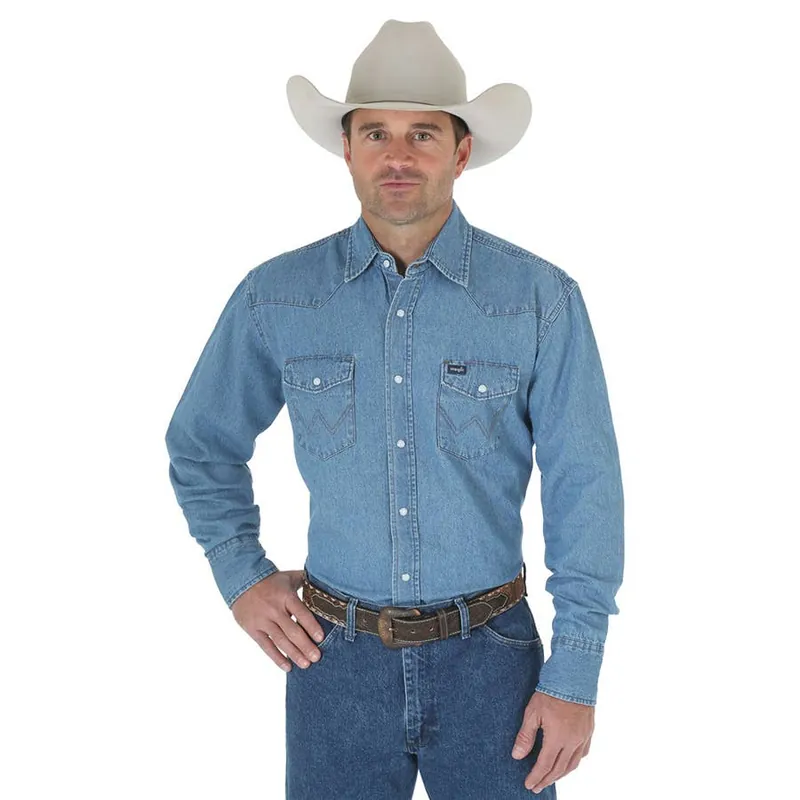 Wrangler Men‘s Long Sleeve Western Snap Solid Denim Shirt - Stonewash