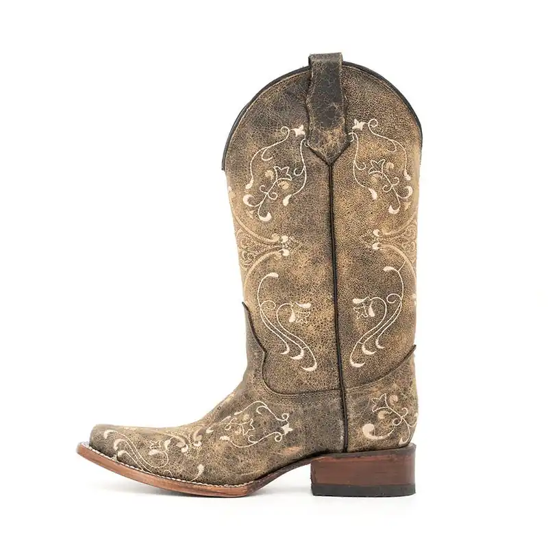 Circle G Women‘s Square Toe Bone Embroidery Cowgirl Boots - Crackle Brown